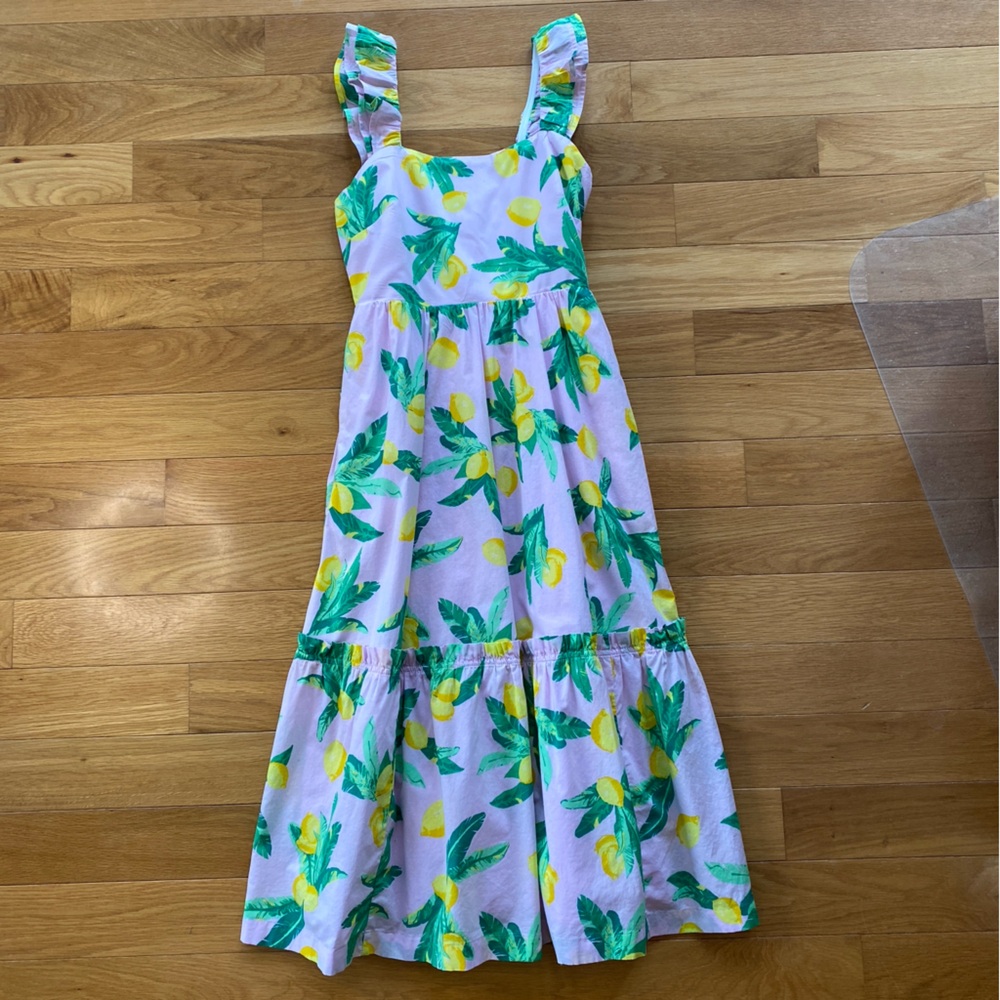 J.Crew Lemon Print Ruffle Strap Tiered Midi Dress Pink Yellow Size 00 - Picture 2 of 8